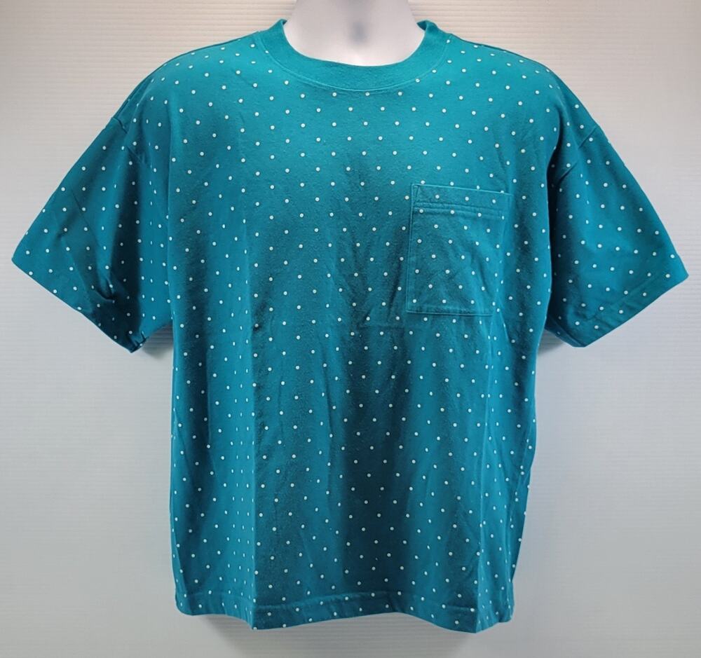 b2) Vintage Claudia Barnes Woman Polka Dot Aqua Teal Short Sleeve T-Shirt Large